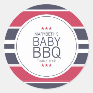 Rond Sticker pour Baby shower BBQ rouge, blanc et bleu 