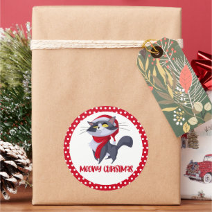 Rond Sticker pour chat de Noël Joyeux Meowy