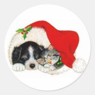 Rond Sticker pour Chiot et Chaton de Noël