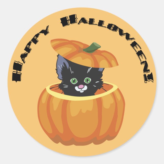 Rond Sticker pour Halloween Citrouille Black Kitty (Devant)