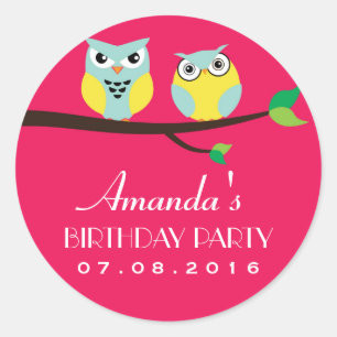 Rond Sticker pour l'anniversaire de la Chouette rose