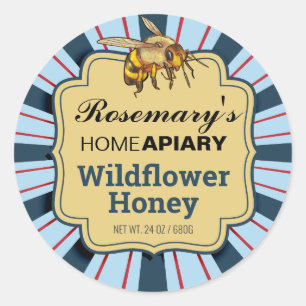 Rond Sticker pour miel Bee Sunburst Cornflower Blue Hon