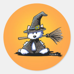 Rond Sticker pour sorcière Westie KiniArt Halloween