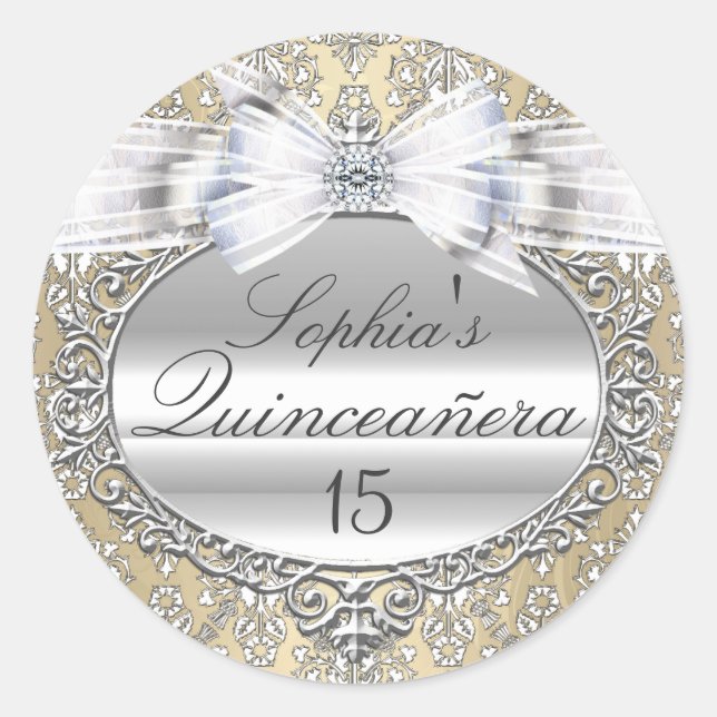 Rond Sticker Quinceanera en crème et en argent (Devant)