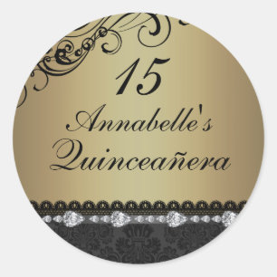 Rond Sticker Quinceanera Gold Diamond & Damask