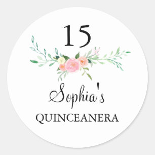 Rond Sticker Quinceanera Rose Floral Aquarelle