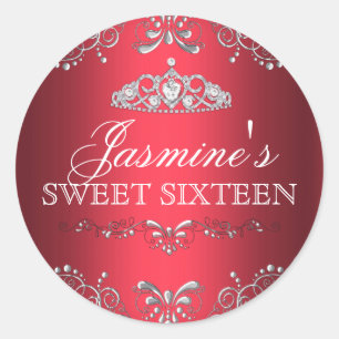 Rond Sticker Red Silver Damask & Tiara Sweet 16