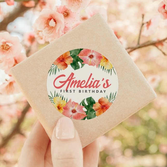 Rond Sticker ronde de fête d'anniversaire hawaïenne tro (Créateur téléchargé)