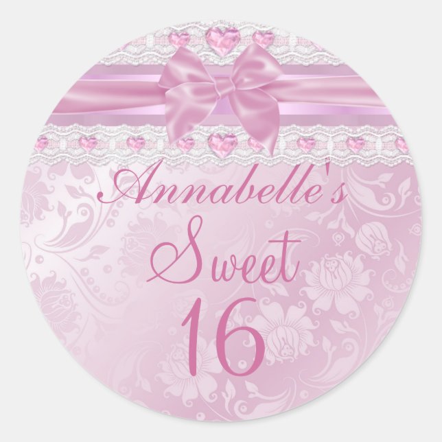 Rond Sticker rose Fleur & Bow Sweet 16 (Devant)