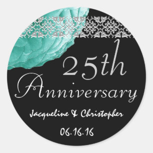 Rond Sticker Rose TURQUOISE en ARGENT NOIR du 25e anniv