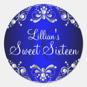 Rond Sticker Royal Blue Silver Pearl Damask Sweet 16