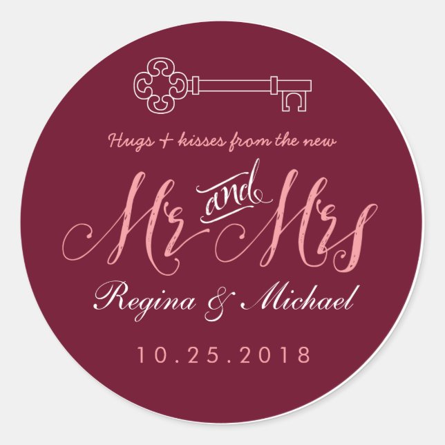 Rond Sticker Rustic Key Script Mr Mme Wedding Favor (Devant)
