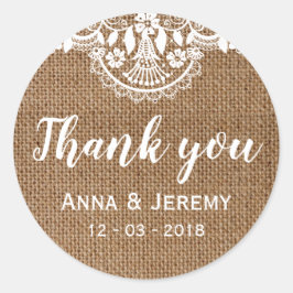 Rond Sticker Rustique Mariage en dentelle Burlap