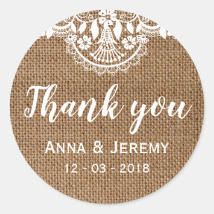 Rond Sticker Rustique Mariage en dentelle Burlap