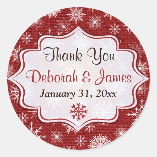Rond Sticker Rustique Red Burlap Snowflakes Wedding Fav (Devant)