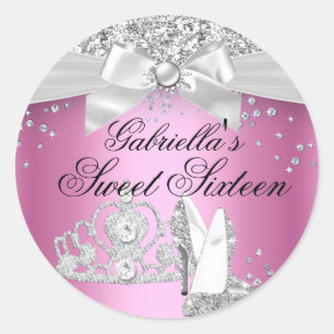 Rond Sticker Sparkle Tiara & Heels Pink Sweet 16