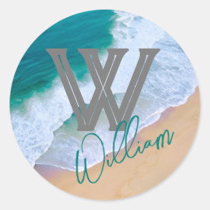 Rond Sticker Surf d'onde océanique moderne - Monogramme