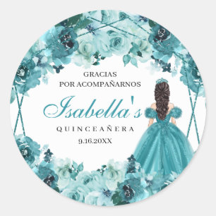 Rond Sticker turquoise Floral Quinceanera Classic Round
