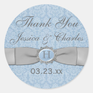 Rond Sticker vintage bleu, gris Mariage damassé Favour