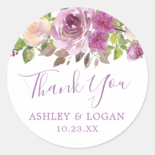 Rond Sticker Violet Floral Mariage Merci Favoriser