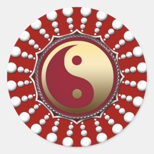 Rond Sticker Yin Yang en or rouge&blanc