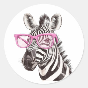 Rond Sticker Zebra avec lunettes roses