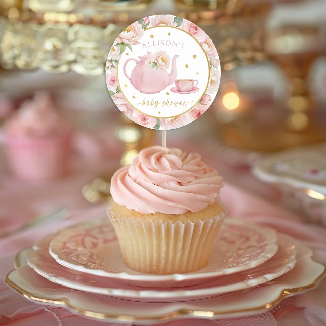 Rond Tea Party Baby shower Favoriser Sticker (Tea Party Baby shower Sticker Favors)
