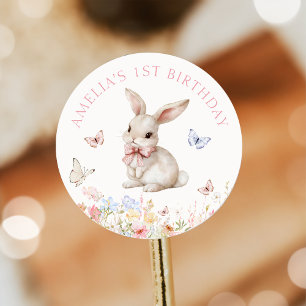 Rond Un Sticker D'Anniversaire Fille Lapin Floral