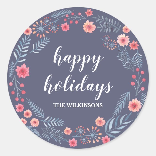 Rond Vacances feuillage d'hiver bleu et rouge Sticker (Devant)