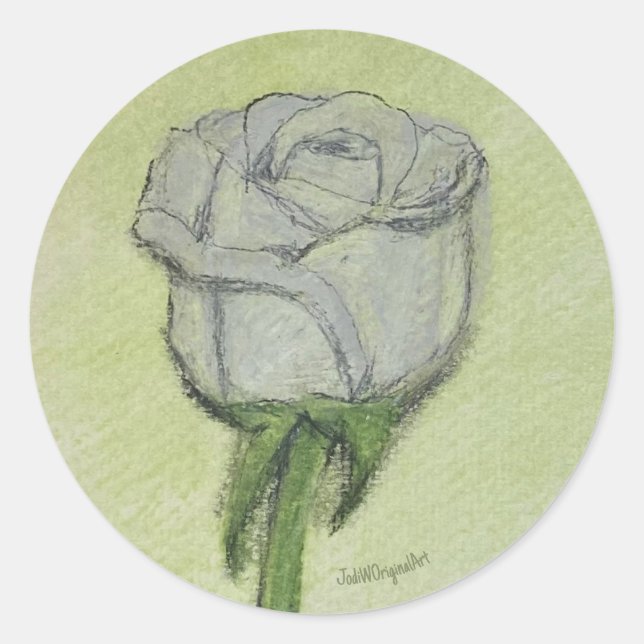 Rond White Rose Sticker hand drawn original artwork. (Devant)