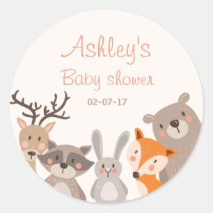 Rond Woodland baby shower faveur tag Sticker Animaux Fo