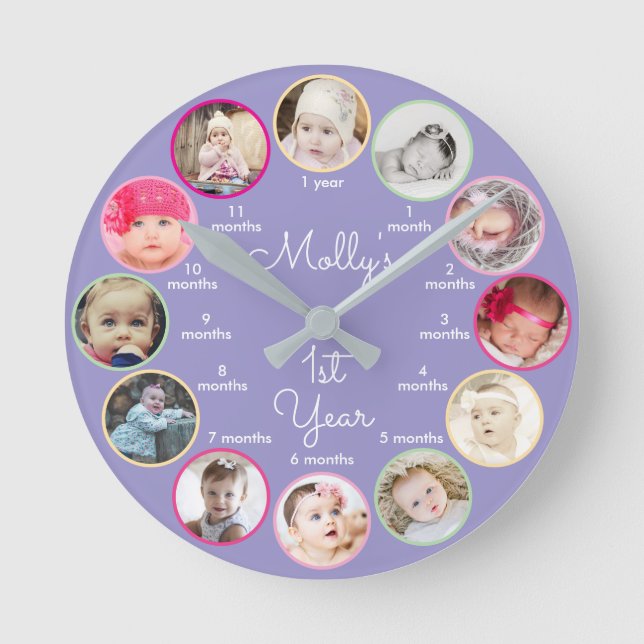Ronde 1ère année de photos Girl Purple Nursery Horloge r (Recto)