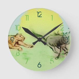 Ronde Animaux sauvages colorés Dessin de chasse, Horloge