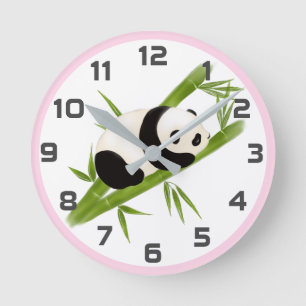 Ronde Arbres en bambou rose gris Panda Ours Mur Horloge