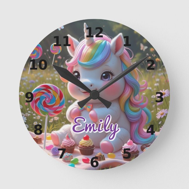 Ronde Candy Picnic Unicorn Wall Horloge - Nom modifiable (Recto)