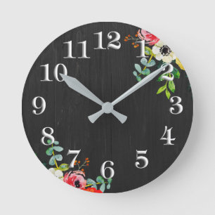 Ronde Chic Chic Bois Patiné Floral Horloge noire