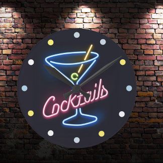 Ronde Cocktails Neon Accueil Bar Décor Den Wall Horloge