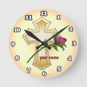 Ronde Croix rose chrétienne horloge