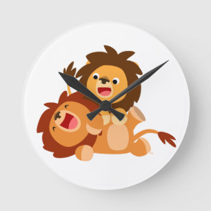 Ronde Deux mignonnes Cartoon Lions Horloge Mur