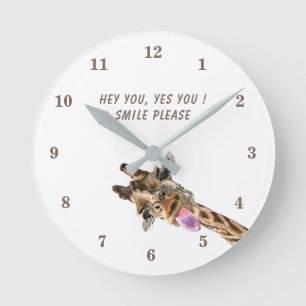 Ronde Drôle horloge Giraffe sourire - texte personnalisé