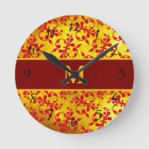 Ronde Élégante horloge rouge Damas et or Texture