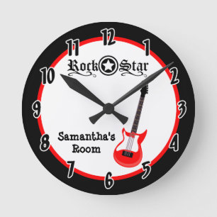 Ronde Guitare rouge étoile de rock Horloge personnalisée