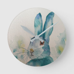 Ronde Horloge bleue de l'aquarelle de lapin lièvre