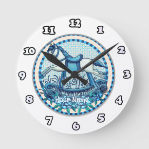Ronde Horloge Cheval à Bascule Roses Bleues