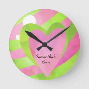 Ronde Horloge coeurs ballons rayés rose et vert pour fil