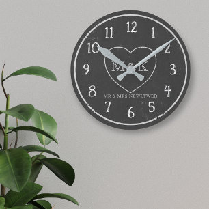 Ronde Horloge Couple M. & Mme. Cœur Tableau Noir Rustiqu