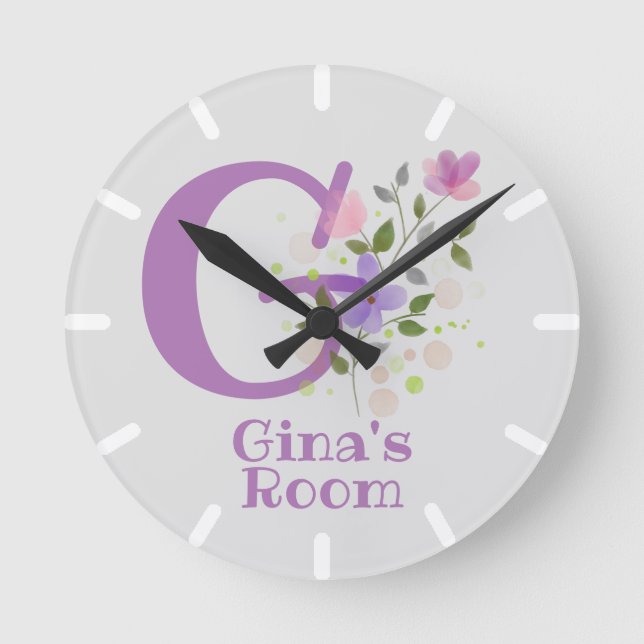 Ronde Horloge dans un design floral avec nom et initiale (Recto)