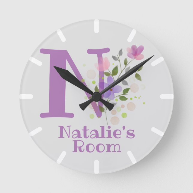 Ronde Horloge de chambre d'enfant avec nom et initiale (Recto)