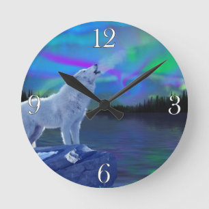 Ronde Horloge de l'art faunique hurlant Wolf & Aurora