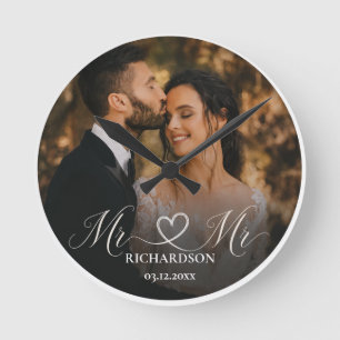 Ronde Horloge de mariage avec photo de cœur pour M. et M